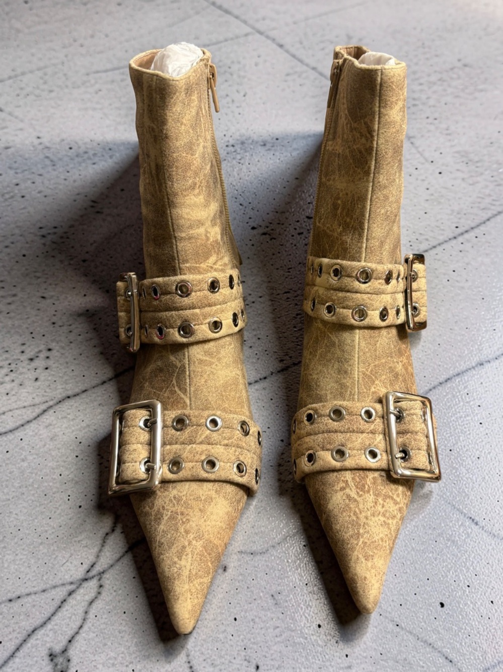 Jeffrey Campbell Up-2-Date Beige Distressed Silver Ankle Boots
